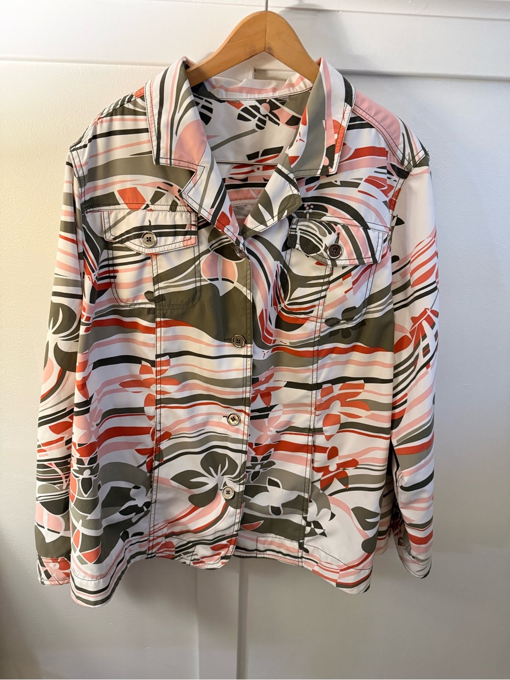 Abstract Floral Striped Button-Up Jacket in Coral, Olive & White